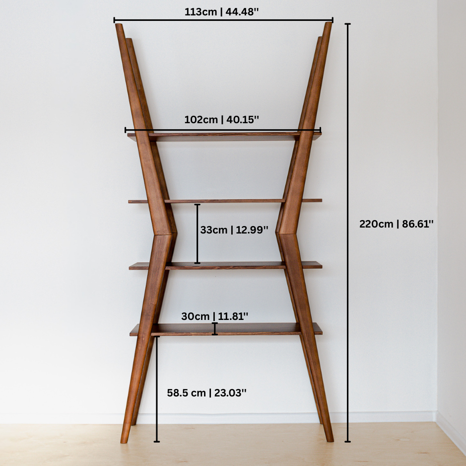 Wooden ladder shelf with measurements on a white background