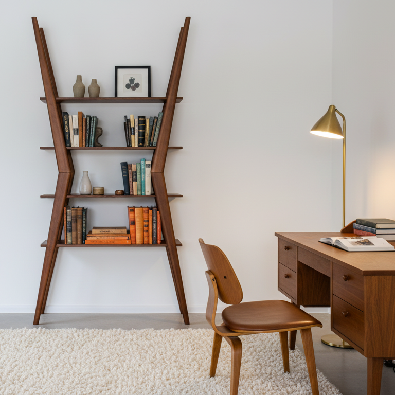 Modern home office with wooden desk, chair, and bookshelf against a white wall.