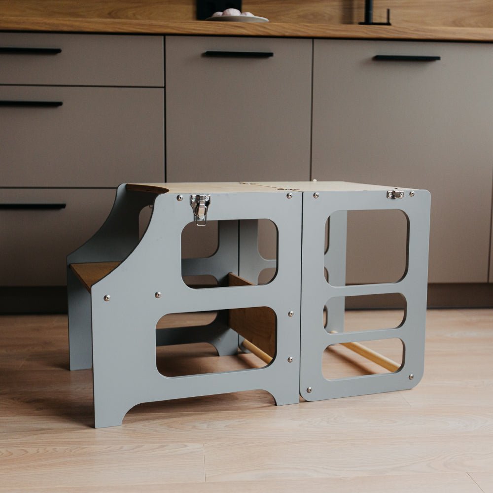 Foldable Kitchen Tower With a Slide - Duck Woodworks