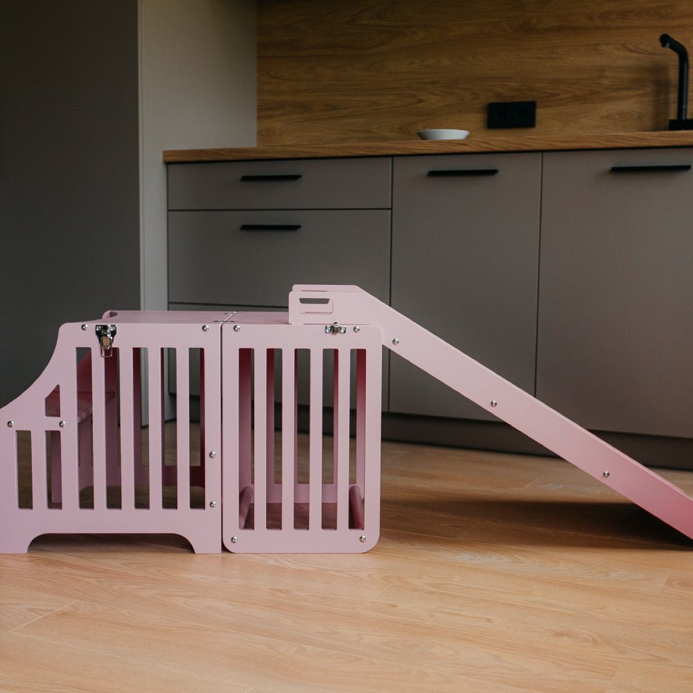 Foldable kitchen tower with slide (striped collection) - Duck Woodworks