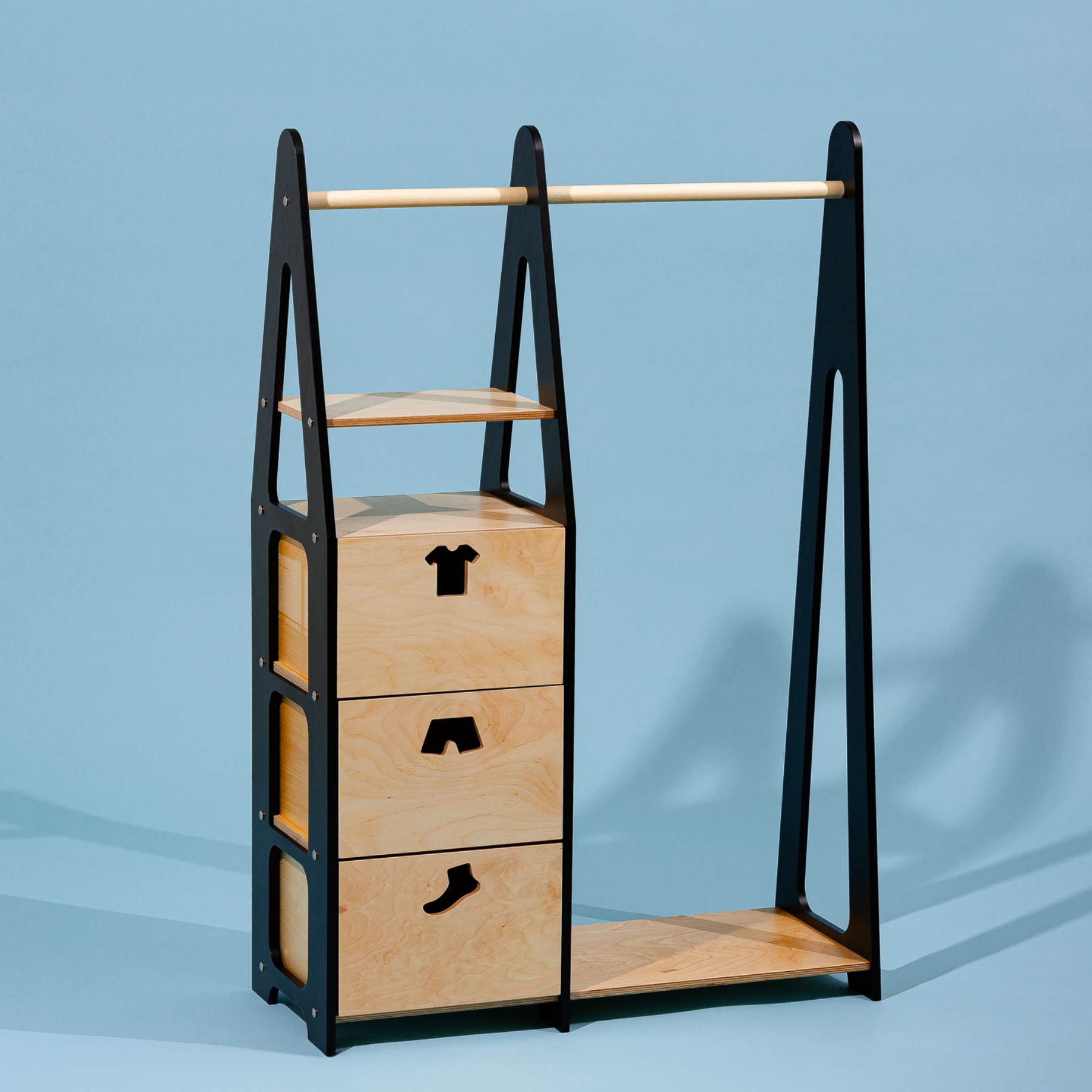 Clothing Rack with drawers (clothing shape holes) - Duck Woodworks