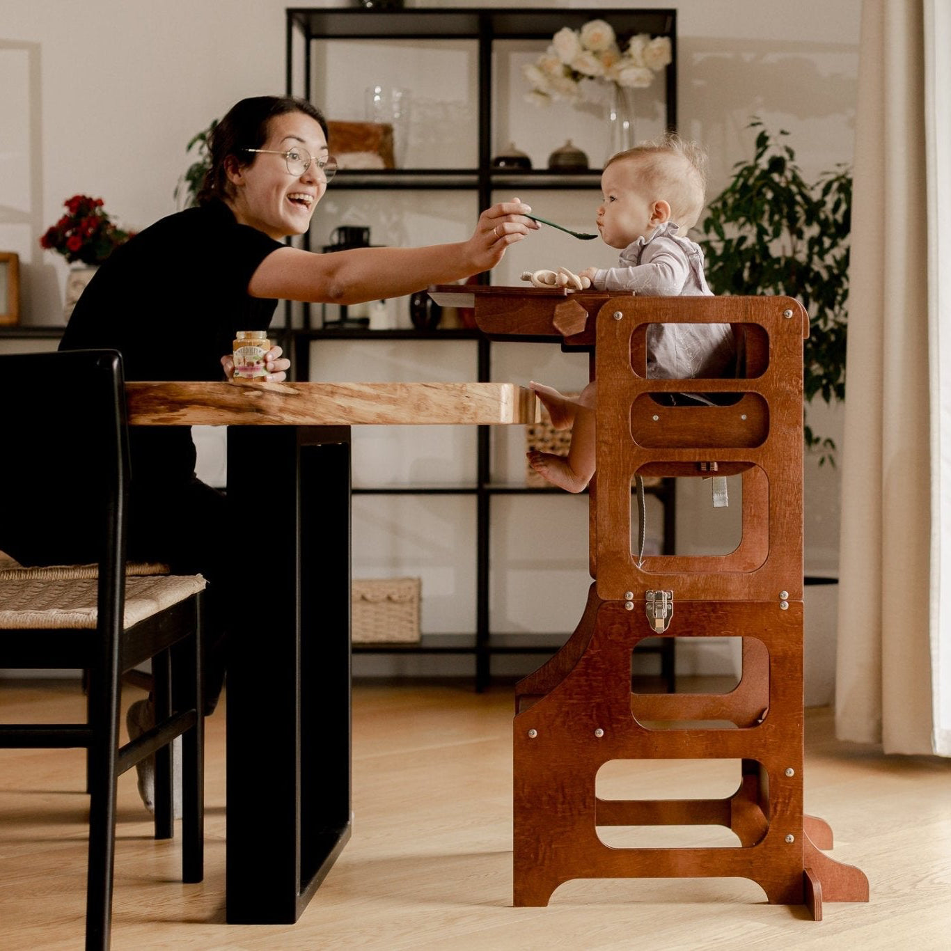 Mid - Century modern foldable kitchen tower high chair - Duck Woodworks