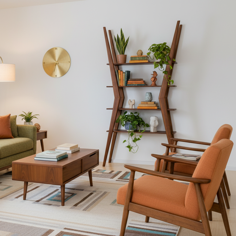 Modern living room with green sofa, orange chairs, and wooden coffee table.