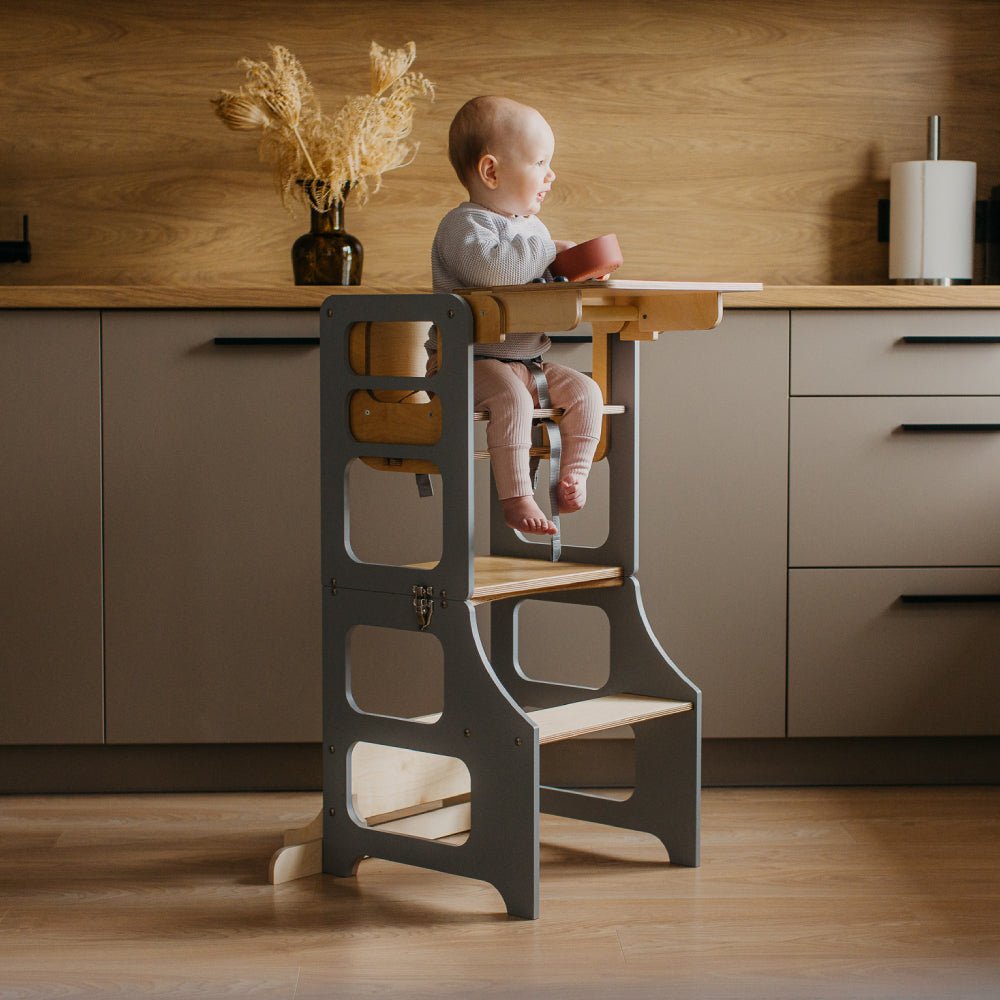 Foldable kitchen tower high chair with a slide - Duck Woodworks
