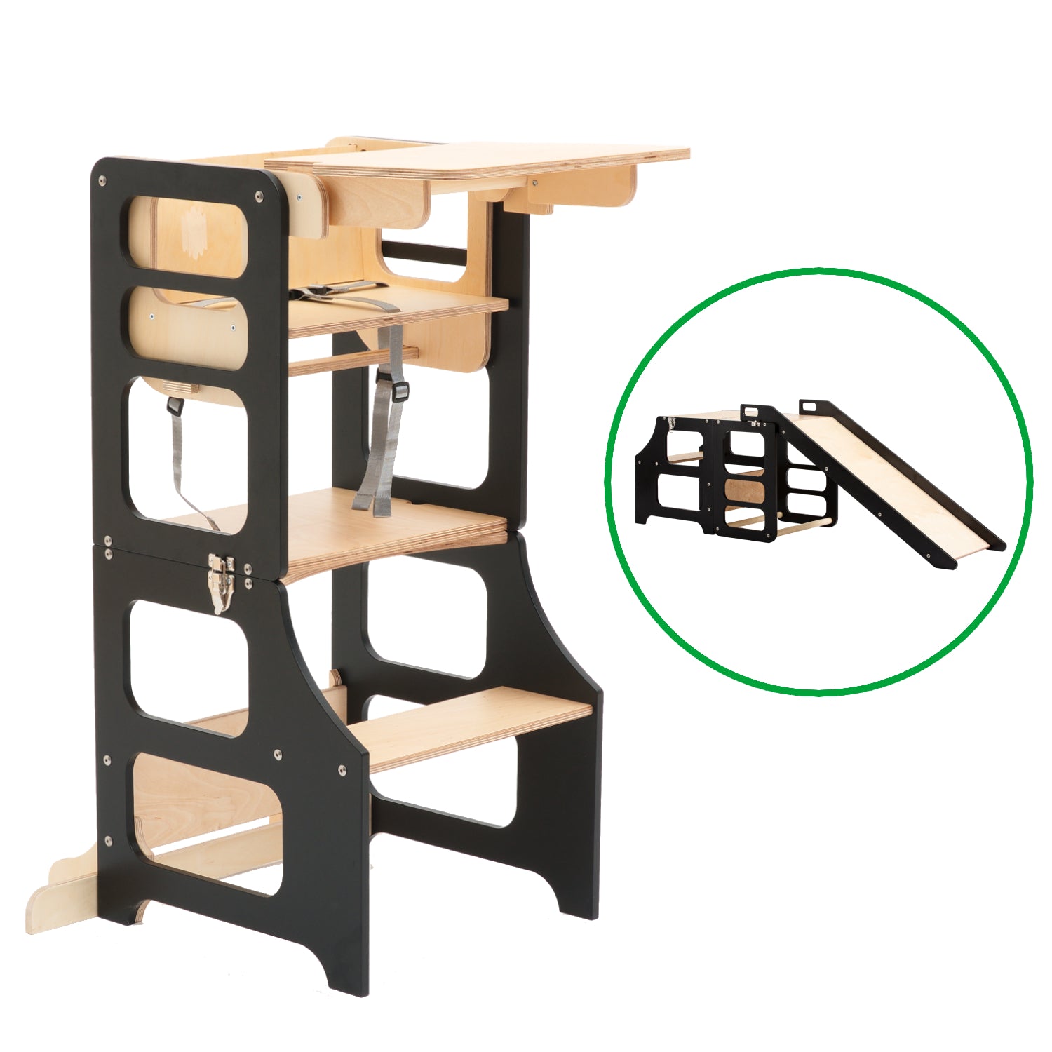 Foldable kitchen tower high chair with a slide - Duck Woodworks