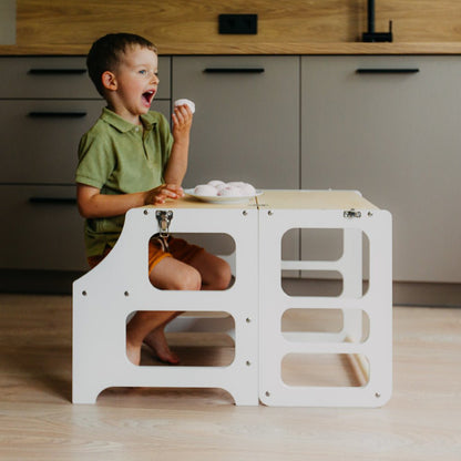 Foldable kitchen tower high chair with a slide - Duck Woodworks