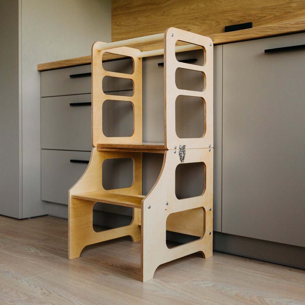 Foldable Kitchen Tower With a Slide - Duck Woodworks