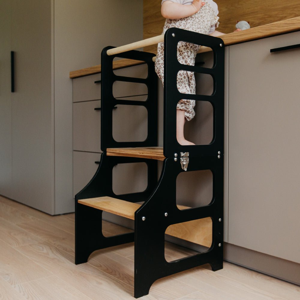 Foldable kitchen tower high chair with a slide - Duck Woodworks