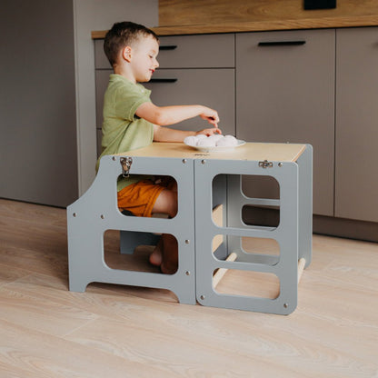 Foldable Kitchen Tower With a Slide - Duck Woodworks