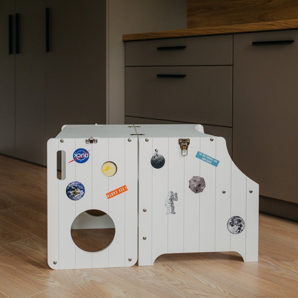 Foldable Kitchen Tower With a Slide - Duck Woodworks