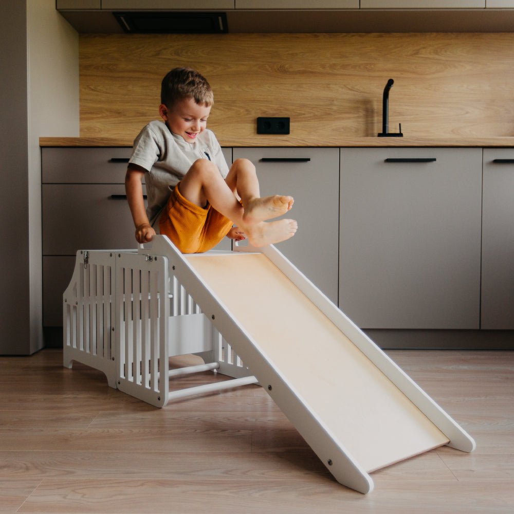 Foldable kitchen tower with slide (striped collection) - Duck Woodworks