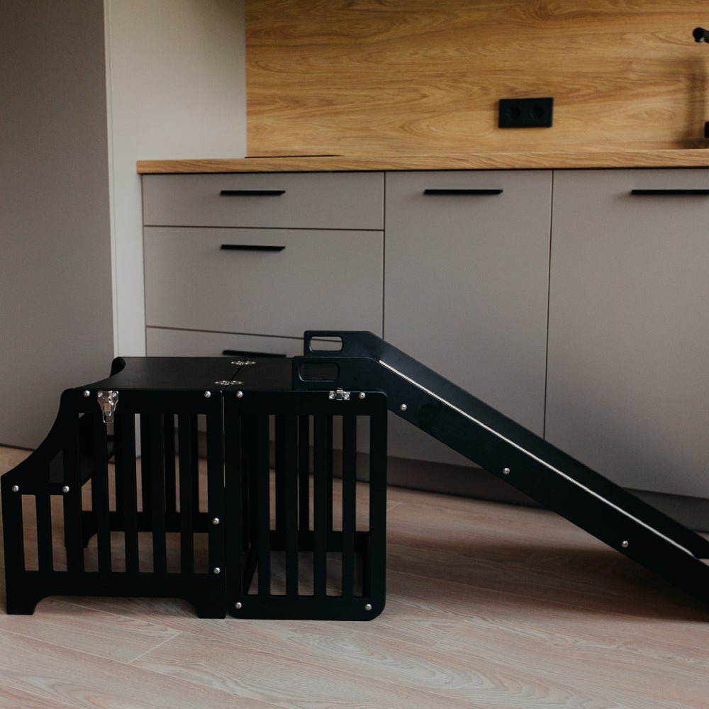 Foldable kitchen tower with slide (striped collection) - Duck Woodworks