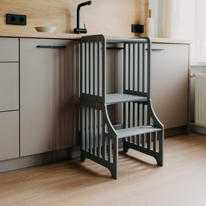 Foldable kitchen tower with slide (striped collection) - Duck Woodworks