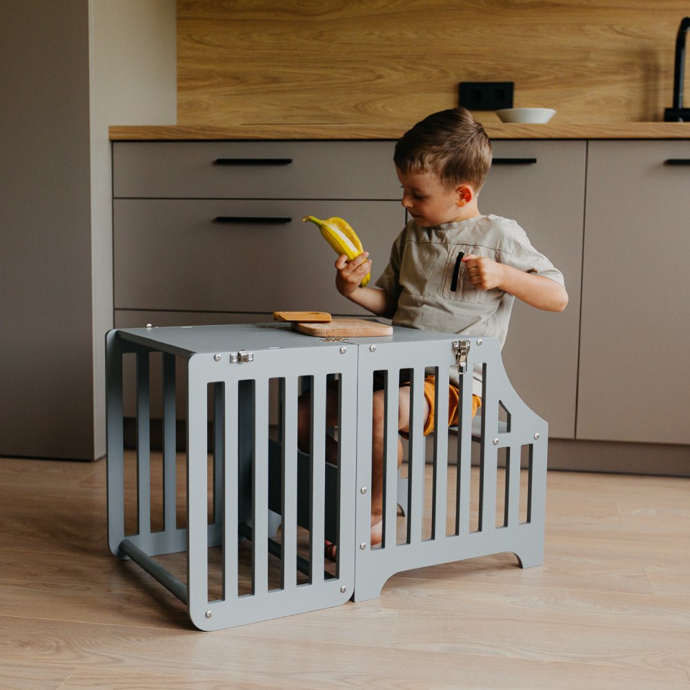 Foldable kitchen tower with slide (striped collection) - Duck Woodworks