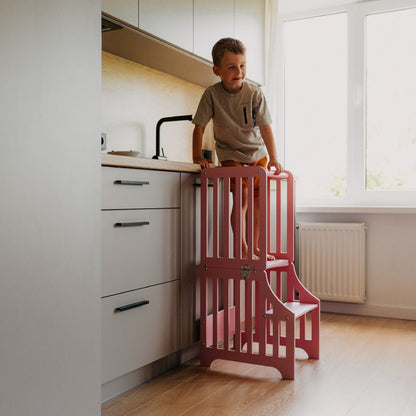 Foldable kitchen tower with slide (striped collection) - Duck Woodworks