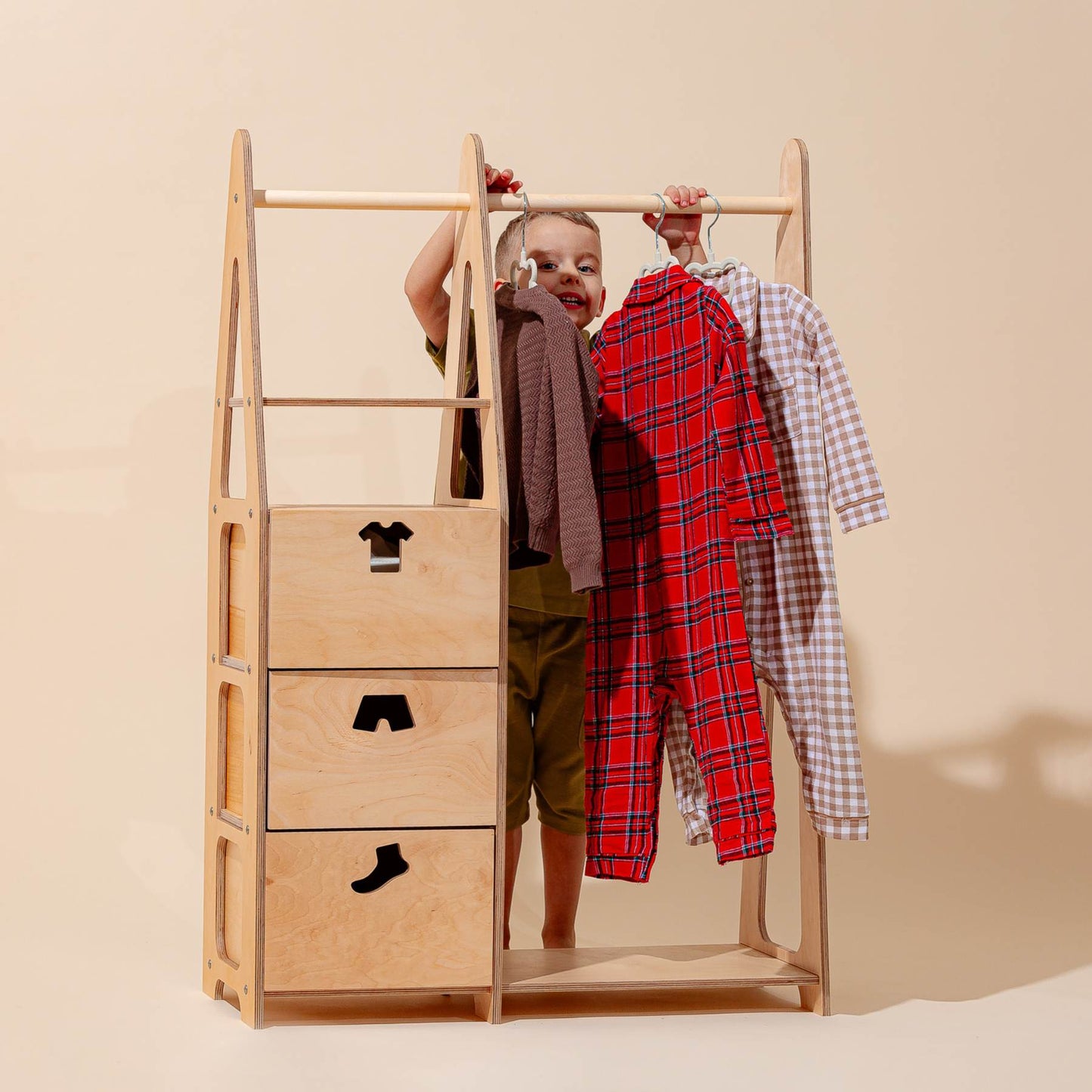 Clothing Rack with drawers (clothing shape holes) - Duck Woodworks