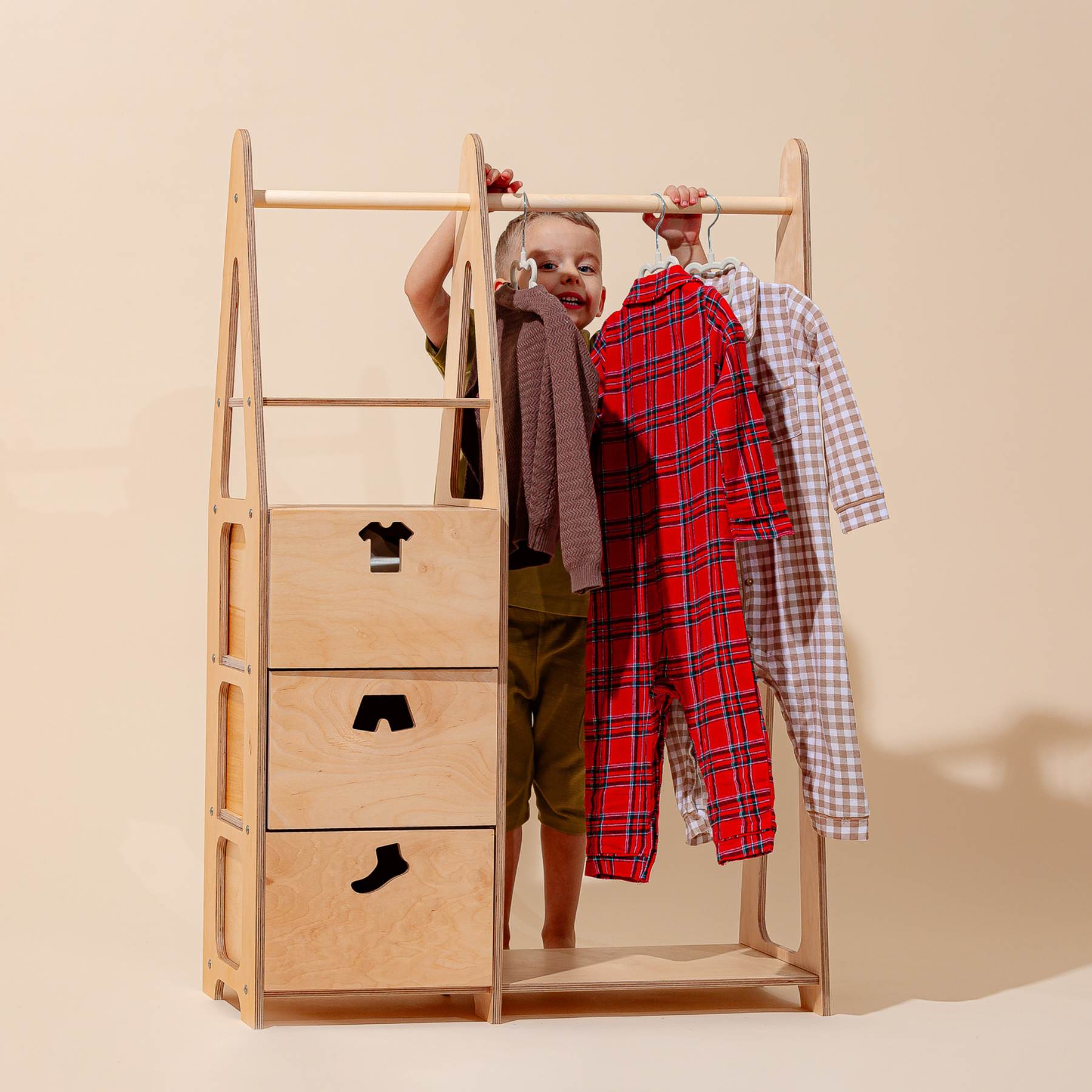 Clothing Rack with drawers (clothing shape holes) - Duck Woodworks