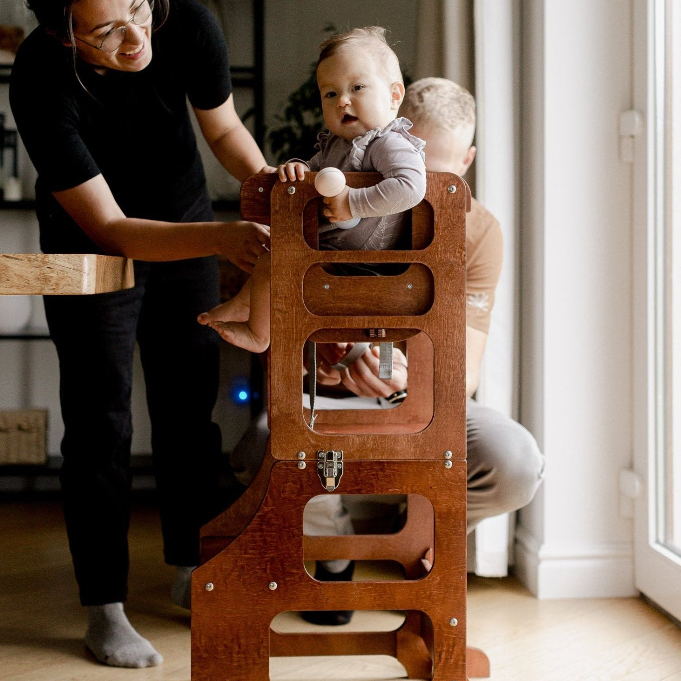 Mid - Century modern foldable kitchen tower high chair - Duck Woodworks
