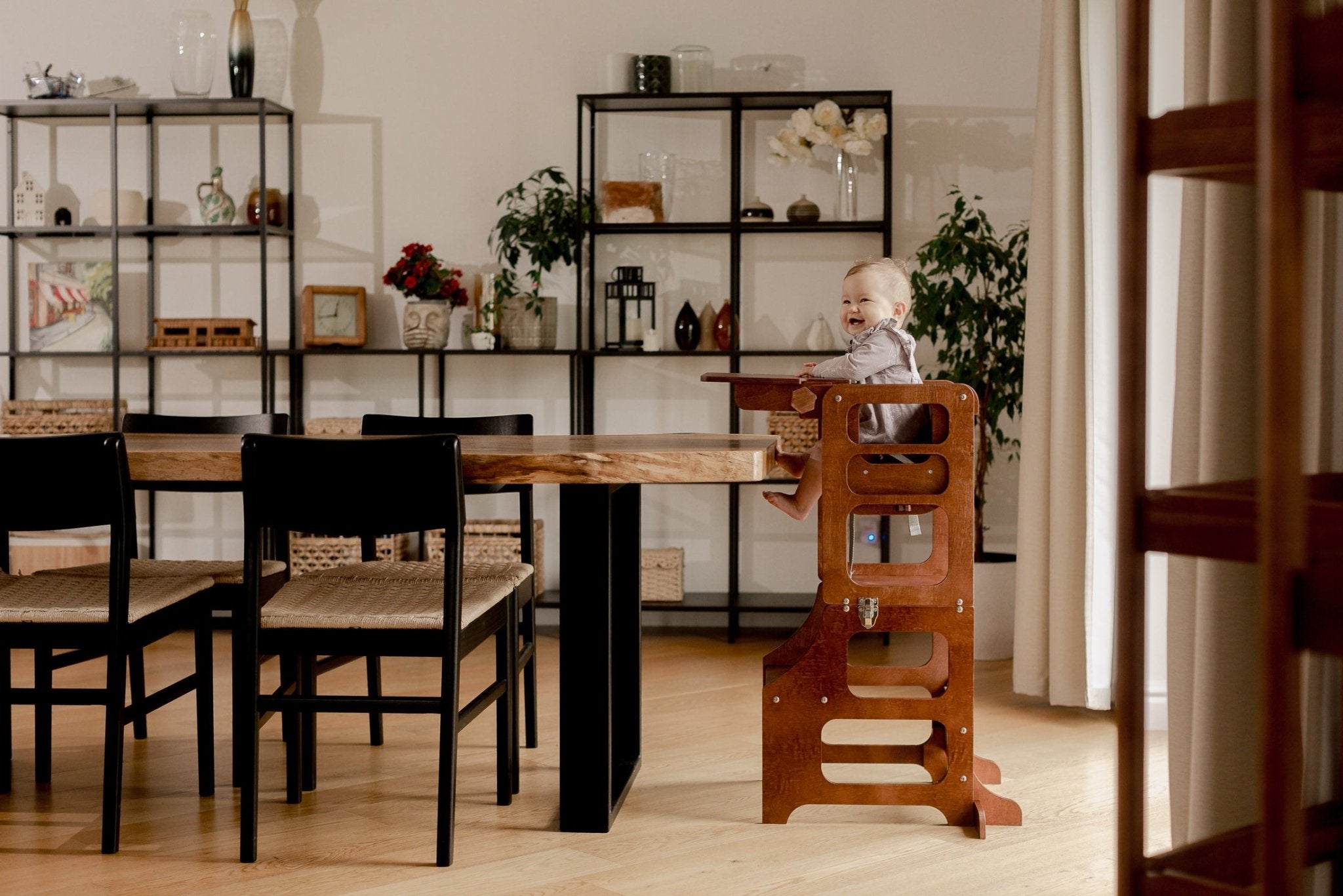 Mid - Century modern foldable kitchen tower high chair - Duck Woodworks