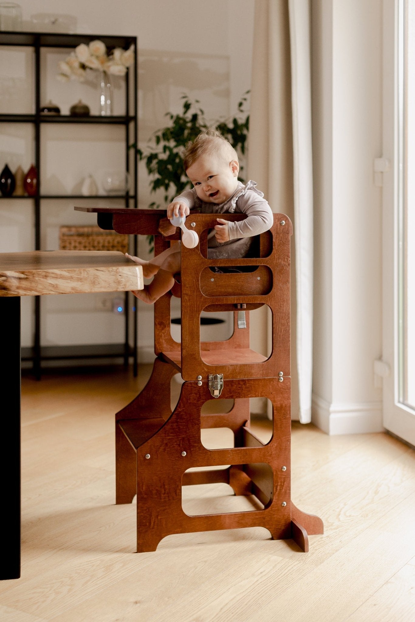 Mid - Century modern foldable kitchen tower high chair - Duck Woodworks