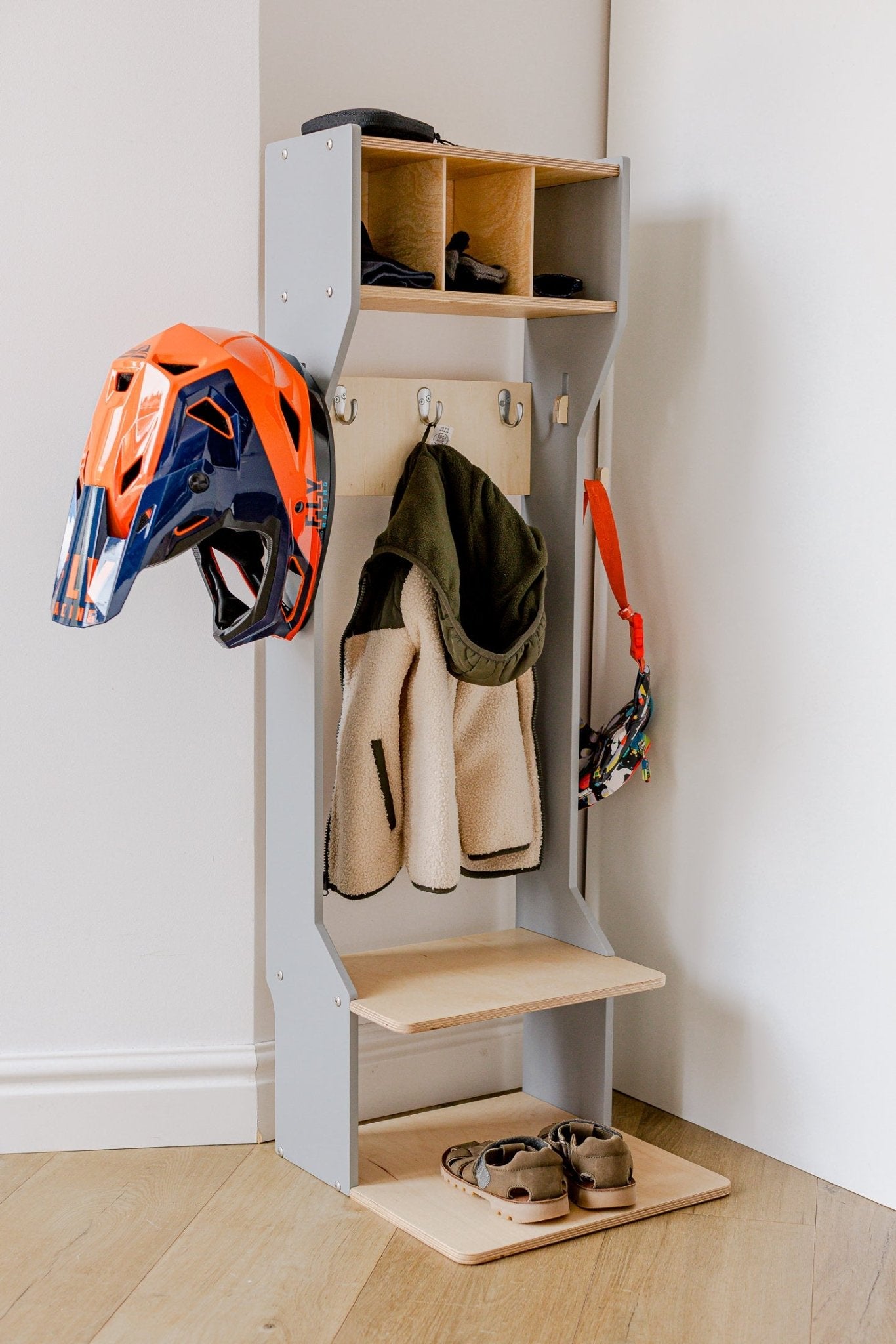 Children's Outwear Organizer – Sturdy Wood Frame Wardrobe - Duck Woodworks