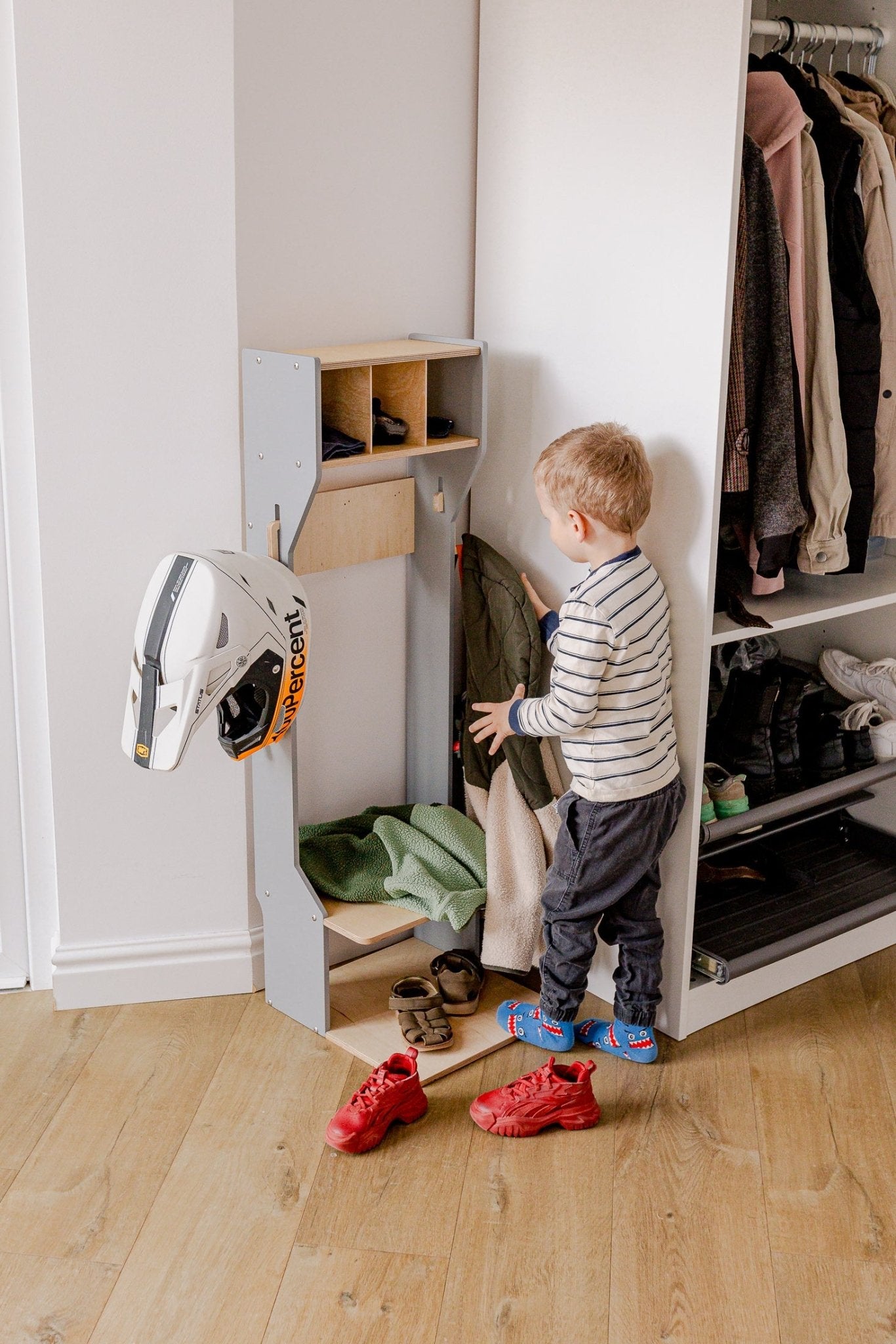 Children's Outwear Organizer – Sturdy Wood Frame Wardrobe - Duck Woodworks