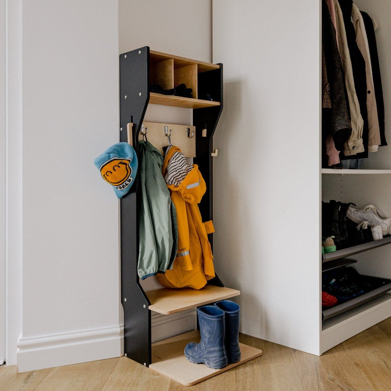 Children's Outwear Organizer – Sturdy Wood Frame Wardrobe - Duck Woodworks