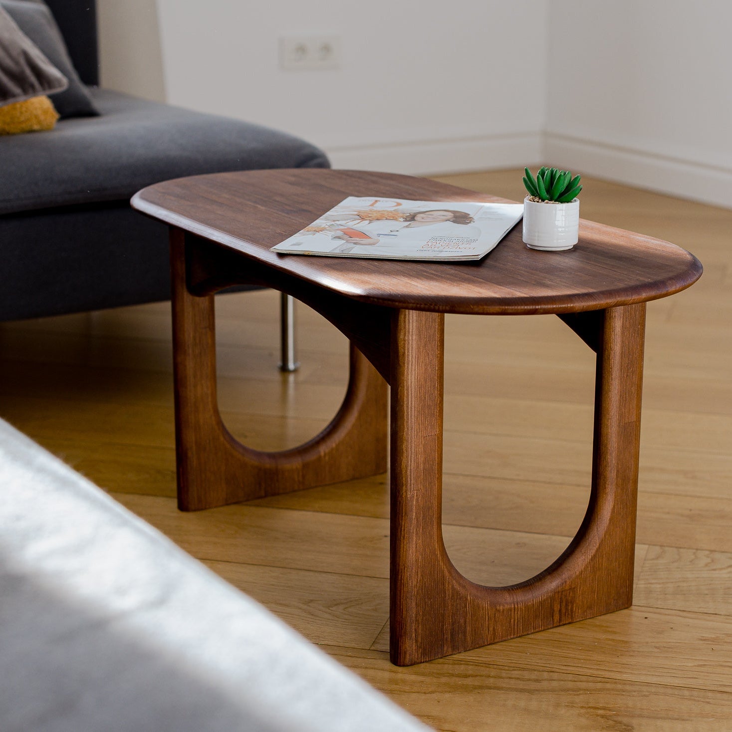 Wooden coffee table in a living room with a magazine and plant on top